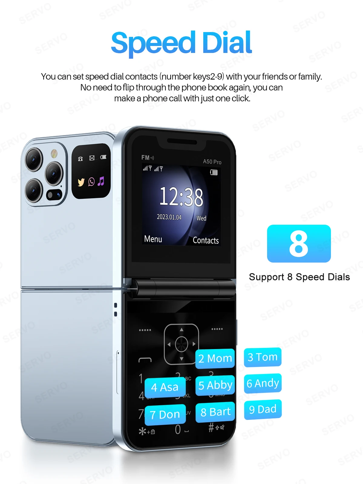 SERVO A50 Pro Flip Phone Dual SIM Card GSM Electric Torch Automatic Call Recording 2.4 Inch Screen Foldable Mobile Phones Type-C SERVO A50 Pro Flip Phone Dual SIM Card GSM Electric Torch Automatic Call Recording 2.4 Inch Screen Foldable Mobile Phones Type-C