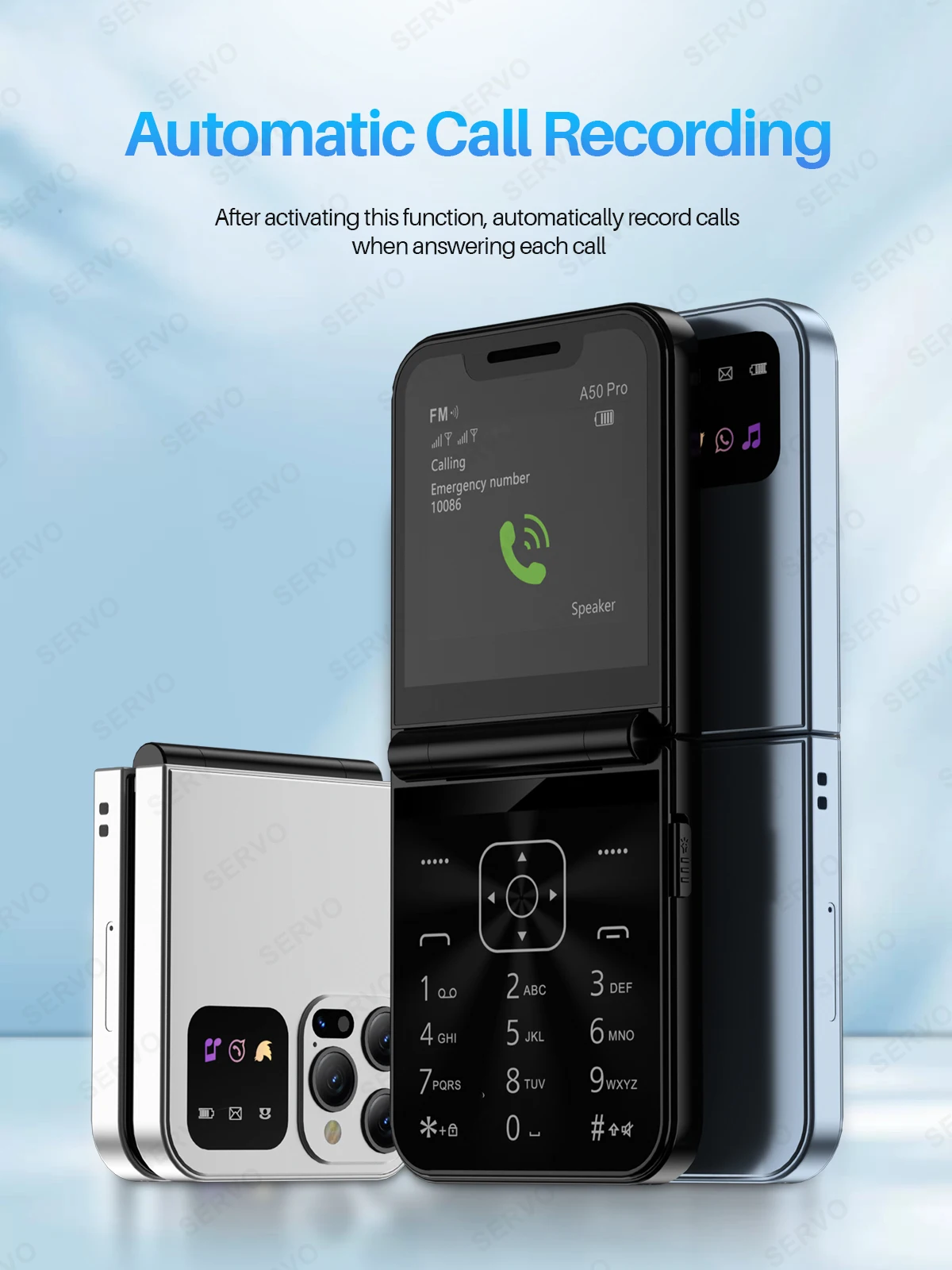 SERVO A50 Pro Flip Phone Dual SIM Card GSM Electric Torch Automatic Call Recording 2.4 Inch Screen Foldable Mobile Phones Type-C SERVO A50 Pro Flip Phone Dual SIM Card GSM Electric Torch Automatic Call Recording 2.4 Inch Screen Foldable Mobile Phones Type-C