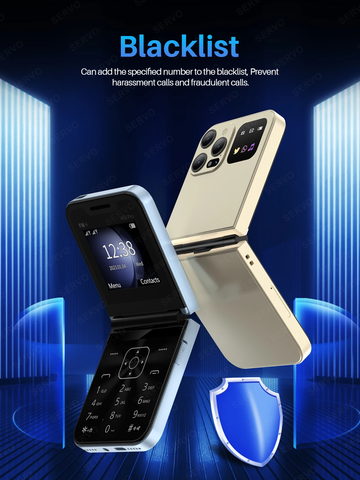 SERVO A50 Pro Flip Phone Dual SIM Card GSM Electric Torch Automatic Call Recording 2.4 Inch Screen Foldable Mobile Phones Type-C SERVO A50 Pro Flip Phone Dual SIM Card GSM Electric Torch Automatic Call Recording 2.4 Inch Screen Foldable Mobile Phones Type-C